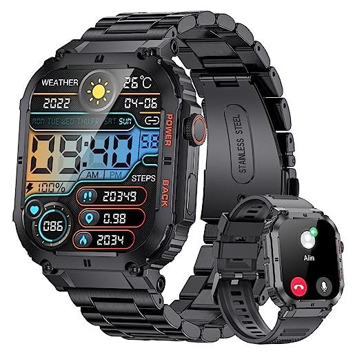 LIGE orologio smartwatch uomo militare, funzione chiamate bluetooth, 1.96 pollici monitor di salute smartwatch, impermeabile 5atm compatibile con ios android, acciaio inossidabile nero