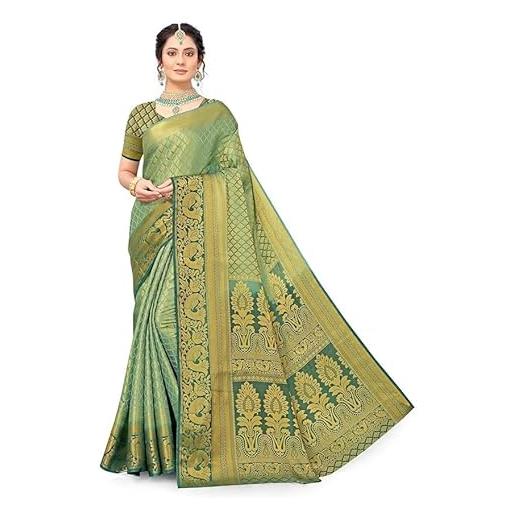 Indian Hawker banarasi - sari in cotone e seta, stampa floreale, da donna, con camicetta non cucita, colore: verde, verde, taglia unica