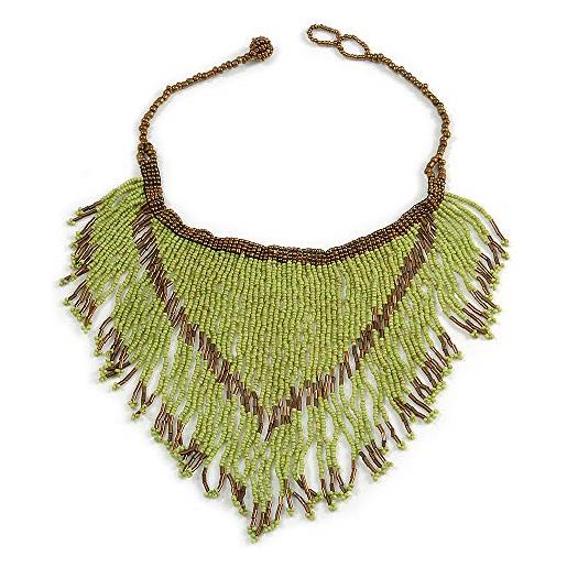 Avalaya collana con perline di vetro, con frange, colore: verde lime/bronzo, lunghezza 40 cm, lunghezza 17 cm