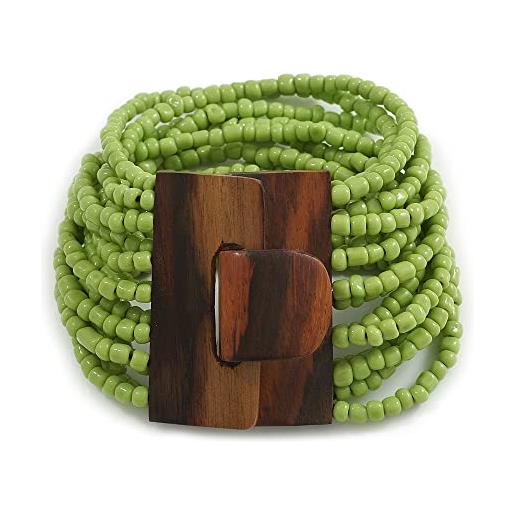 Avalaya braccialetto flessibile multifilo con perline di vetro verde lime con chiusura in legno, lunghezza 18 cm, misura unica, legno