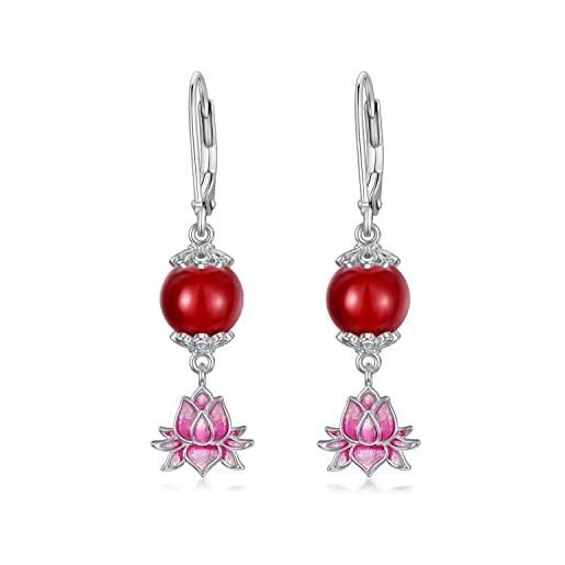 LONAGO orecchini con fiori di loto argento 925 agata rossa genuina orecchini pendenti per le donne