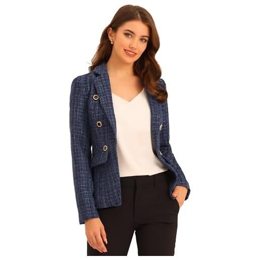 Allegra K giacca elegante da donna in tweed a maniche lunghe con apertura frontale, blu scuro, 40