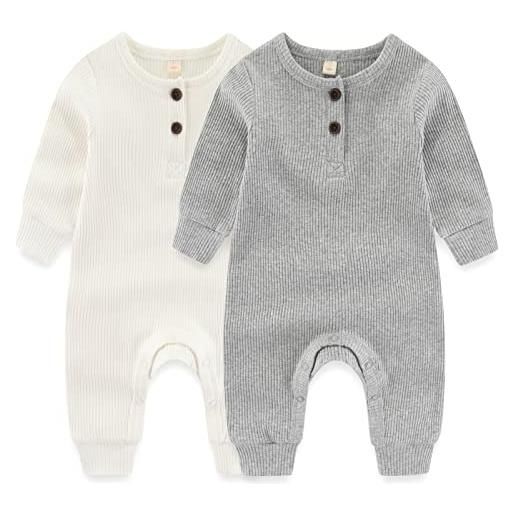 MAMIMAKA pagliaccetto in cotone monopezzo pigiama senza piedi per bambini da 0 a 18 mesi, confezione da 2, serie a due pezzi-4, 12 mesi
