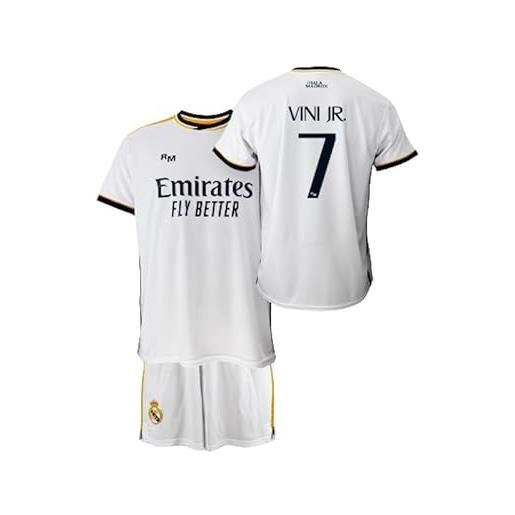 Real Madrid set bambino t-shirt e pantaloni prima equipaggiamento stagione 2023-2024 - vini jr. 7 - replica ufficiale con licenza ufficiale - bambino, bianco, 4 anni