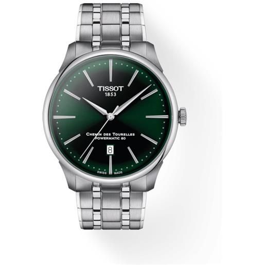 Tissot orologio Tissot chemin des tourelles 42 mm powermatic 80 con quadrante verde e bracciale in acciaio