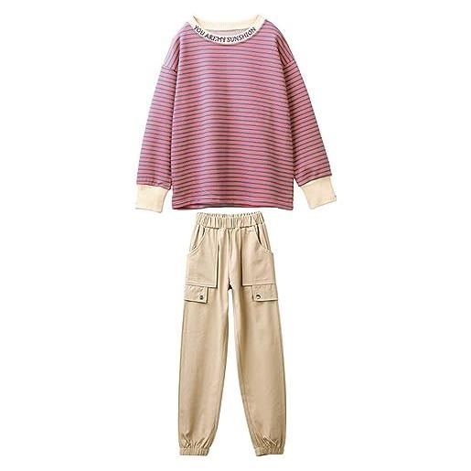 amropi 2 pcs set completo ragazze tuta a righe felpa top + jogging pantalonio rosa kaki, 5-6 anni