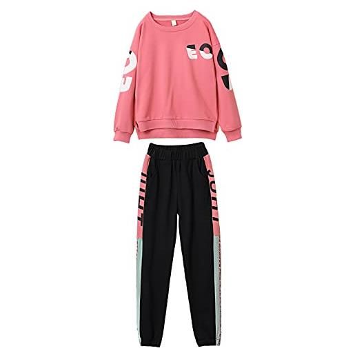 amropi 2 pcs set completo ragazze tuta a righe felpa top + jogging pantalonio rosa kaki, 5-6 anni