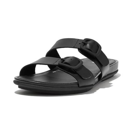 Fitflop gracie diapositive in pelle a due barre con fibbia in gomma, sandali a ciabatta donna, tutto nero, 38.5 eu