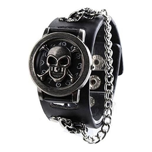 Display08, orologio alla moda stile punk, rock, con teschio e catena, in similpelle, colore nero