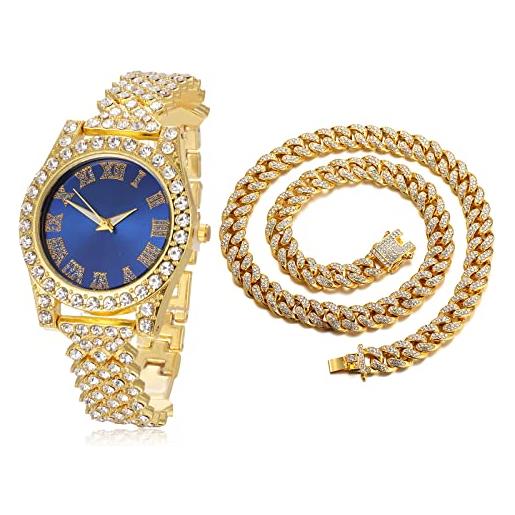 HALUKAKAH orologio d'oro con diamanti, bambino placcato oro 18 carati plated 36mm larghezza blu quadrante quartz 20cm con catena cubane40cm nacklace, confezione regalo gratuita
