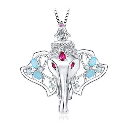 JewelryPalace 0.6ct collana elefante donna argento 925 con creato rubino rosso, collana ciondolo blu con pietra a taglio rotondo, collane pendenti lunghe catena veneziana 45cm set gioielli donna