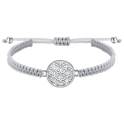 J.Endéar fiore della vita amuleto bracciale per donne ragazze, argento 925 filigrana fatta a mano corda yoga gioielli, conferma regalo di compleanno, grigio