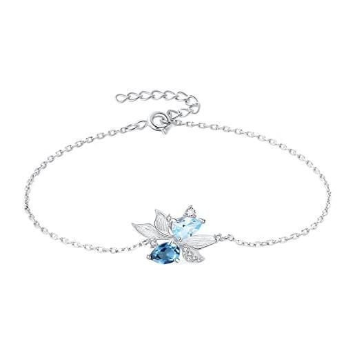 JewelryPalace 0.1ct bracciale donna pesci argento 925 con naturale topazio azzurro blu, braccialetto donna regolabile con pietra a taglio pera, bracciale catena argento anniversario set gioielli donna