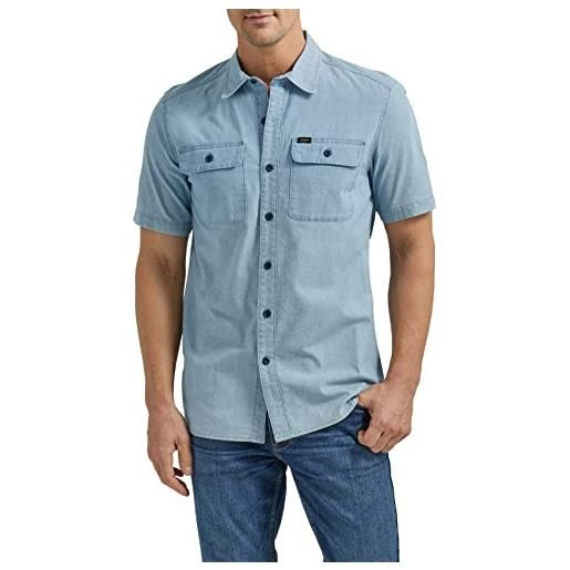 Lee men's extreme motion all purpose classic fit short sleeve button down worker shirt, monaco plaid