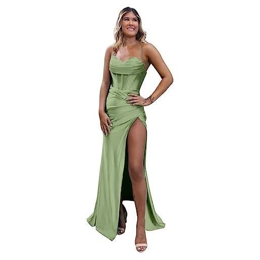 SAYNO abito da damigella d'onore da donna in raso con spacco lungo corsetto halter formale abito da sera, verde salvia, 40