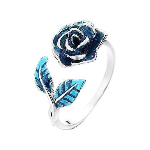 RIJPEX anello da donna in argento sterling s925 con rosa blu, anello da donna in stile court in argento sterling, argento, 7