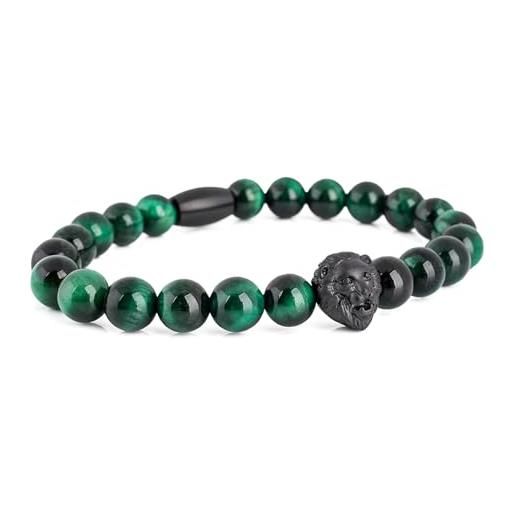 Akitsune regis braccialetto di perline - bracciali donne uomini beads lion - nero opaco - di tiger verde eye - 20 centimetri