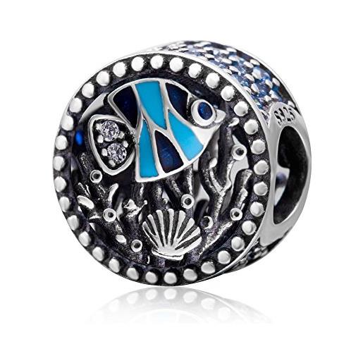 YiRong Jewelry charm a forma di pesce, in argento sterling 925, con conchiglia, corallo e oceano, per braccialetti pandora