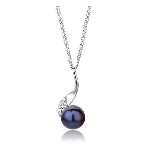 Miore collana donna argento, catena con ciondolo di perla grigia coltivata d'acqua dolce e zirconi in argento 925. Catenina grumetta lunga cm 45. Pendente donna anallergico. 