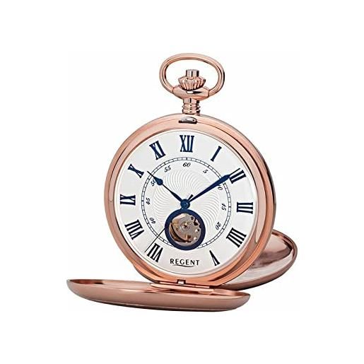 Regent orologio da tasca da uomo savonnette open unruh 53 mm meccanico a carica manuale numeri romani in diverse varianti, p-556 - oro rosa