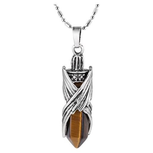 Nupuyai collana da donna in cristallo di quarzo, con ciondolo a forma di ala in stile vintage, con pietra esagonale, con catena, pietra, occhio di tigre