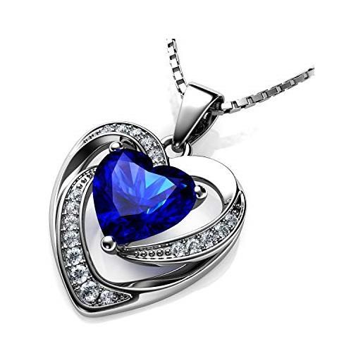 DEPHINI blu collana cuore - 925 argento ciondolo a forma di cuore con zirconi bianchi e blu pietra abbellito con cristalli cz per donne