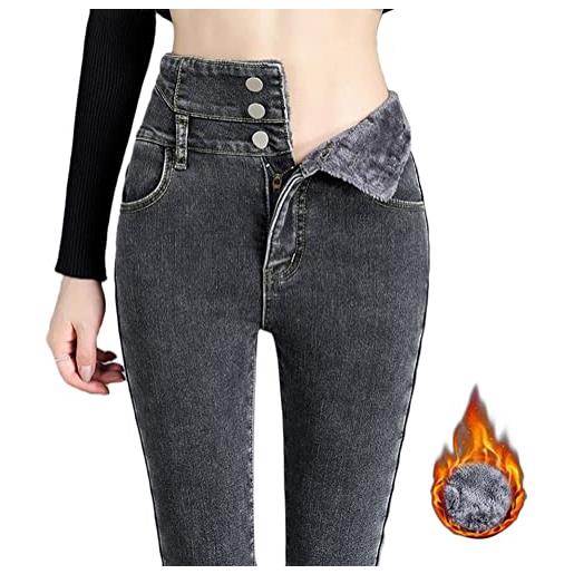 Onsoyours jeans imbottiti da donna pantaloni invernali a vita alta slim fit jeans elastici caldo jeans termici in pile autunnale e invernale a blu xs