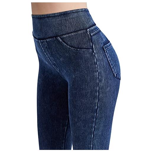 Onsoyours leggings da donna imitazione jeans a vita alta jeggings pantaloni casual tinta unita slim pantaloni elasticizzati attillati g blu l