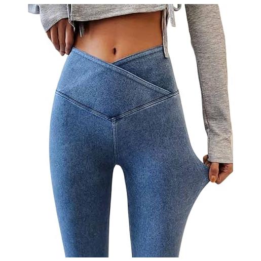 Onsoyours leggings da donna imitazione jeans a vita alta jegging pantaloni casual tinta unita slim pantaloni elasticizzati attillati d blu s