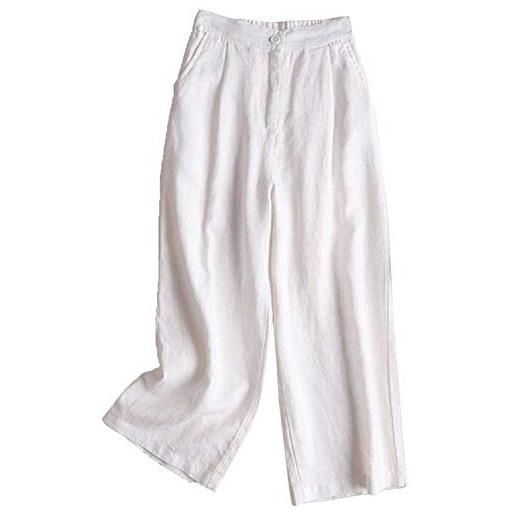 Onsoyours donna pantaloni larghi lino vita alta pantaloni gamba larga estivi con coulisse b bianco xxl
