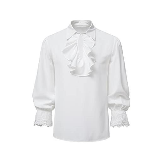YMING uomo pirata camicia a maniche lunghe gotico steampunk top con volant costume cosplay vittoriano rinascimento medievale camicia bianco xl