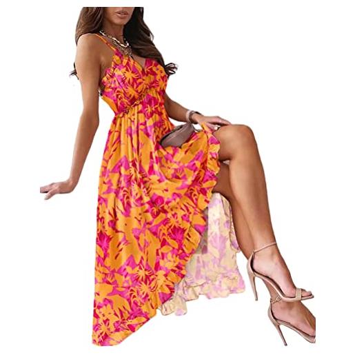 Onsoyours vestito in chiffon estivo da donna con fiori sulla parte anteriore corta elegante abito con scollo a v con stampa floreale boho sexy abito a arancione l