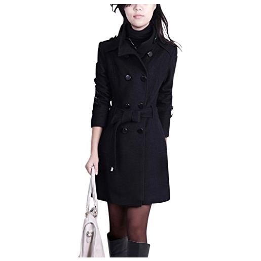 Missfox donna casual elegante doppio petto pocket vento cappotto size m nero