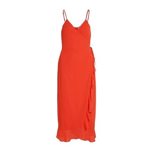 Vila women wrap dress with spaghetti straps elegant flounce evening dress with ruffles and tie belt, colore: arancione, taglia: 34