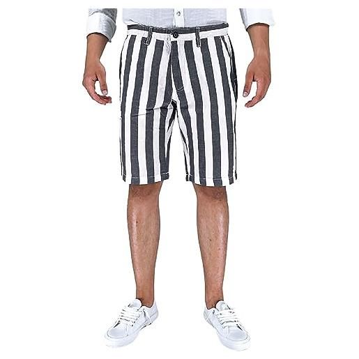 Evoga pantaloni corti uomo in lino a righe casual bermuda pantaloncini estivi (46, nero bianco a righe)