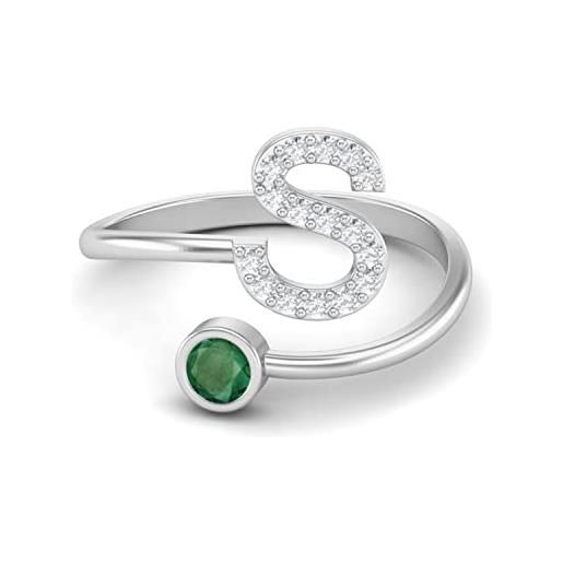 MOONEYE lettera iniziale s maiuscola smeraldo naturale anello da donna anello aperto anteriore regolabile gioielli in argento sterling 925 (argento sterling, 14)
