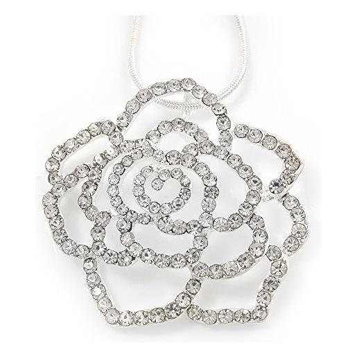 Avalaya ciondolo a forma di fiore di rosa aperto con cristallo trasparente con collana in tono argento/38 cm l/4 cm ext, misura unica
