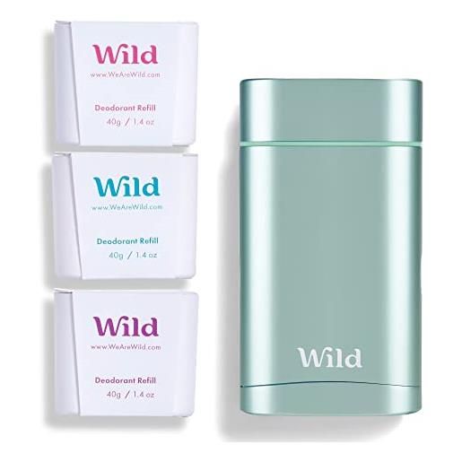 Wild - deodorante naturale ricaricabile - senza alluminio - astuccio aqua con varie ricariche (3 x 40g) - incluse profumazioni fresh cotton & sea salt, jasmine & mandarin e coconut & vanilla