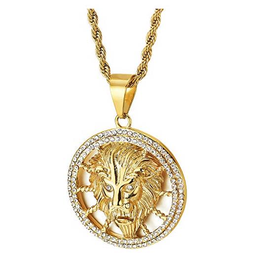 COOLSTEELANDBEYOND colore oro testa di leone aperto cerchio ciondolo, collana con corda zirconi pendente, uomo donna acciaio, 75cm catena