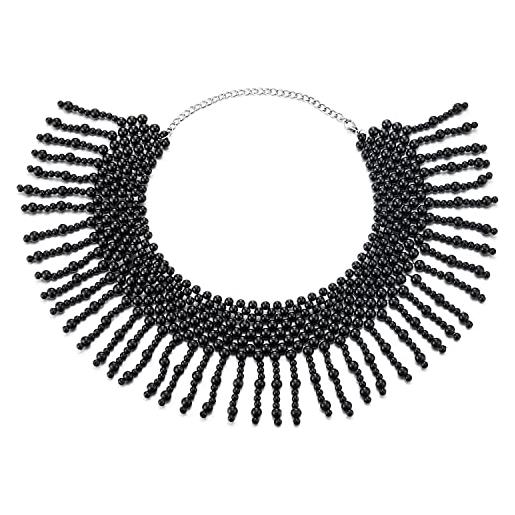 COOLSTEELANDBEYOND nero perlina bavaglino girocollo choker statement collana con pendenti nero perline nappa pendente