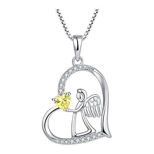 FJ collana cuore angelo custode argento 925 collana con ciondolo ala d'angelo collana novembre pietra portafortuna citrino gioielli regalo per donna