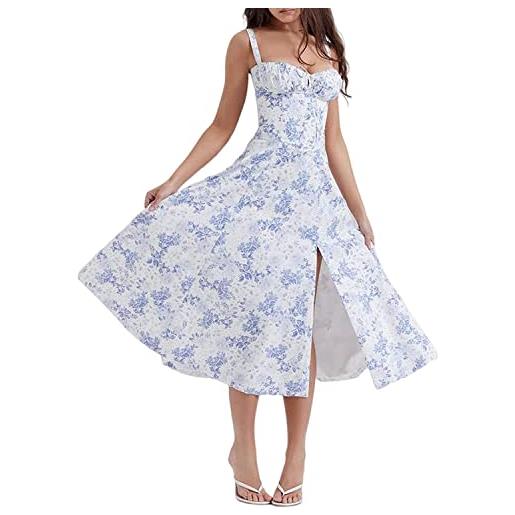 MUGUOY print bustier sundress, 2023 new women floral corset midi dress, summer boho square neck sleeveless flowy slit print fitted cami dress. (m, blue)
