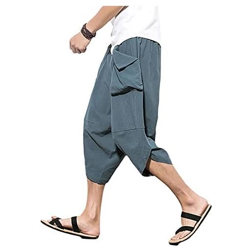 PRIJOUHE - pantaloni harem da uomo, stile casual, in cotone e lino, gamba larga, elastico in vita, pantaloni larghi con tasche - nero - xl