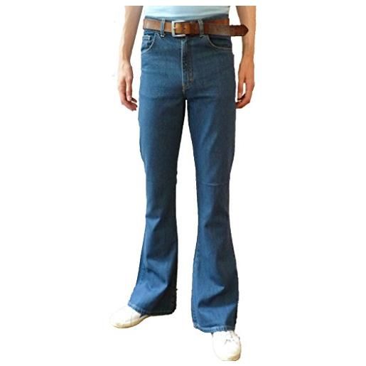 Fuzzdandy - pantaloni a campana, a vita alta, svasati, in denim, stile retrò, vintage hippie blu 34w/30l