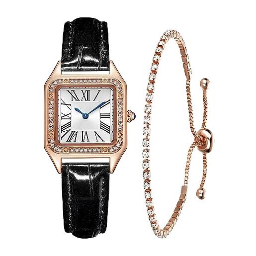 CIVO orologio donna bracciale set piazza analogico minimalista orologio da polso impermeabile cinturino cuoio nero quarzo orologio da donna oro rosa diamanti orologi regalo donna