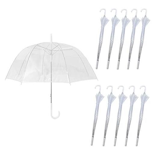 Gadgetking set di 10 ombrelli da pioggia a forma di cupola per uccelli trasparenti per matrimonio, con manico bianco e picco, per camminare, da uomo, unisex, per feste, pioggia, damigella d'onore, moda, bianco
