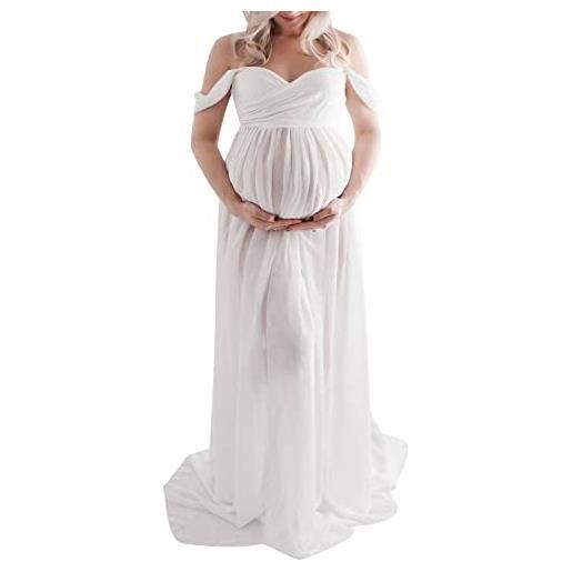 HodJIU maternità abito fotografico donna incinta abito chiffon off spalla maxi abito gravidanza apertura frontale supporti foto, bianco, m