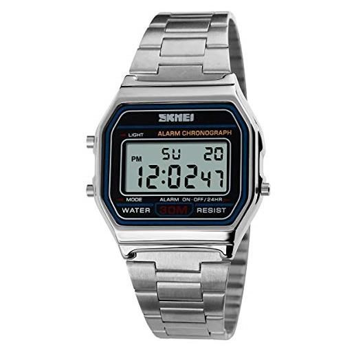 SKMEI cronometro classico da uomo e ragazzo digitale trasparente con allarme retrò cinturino in metallo, argento, bracciale