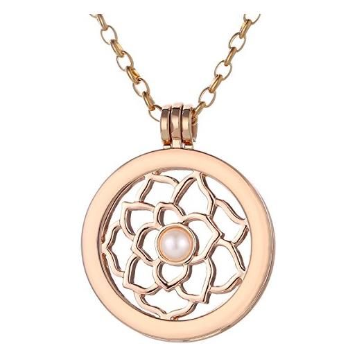 Morella collana donna 70 cm acciaio inossidabile oro con coins moneta amuleto ciondolo rotondo 33 mm fiore di loro oro rosa in sacchetto di velluto