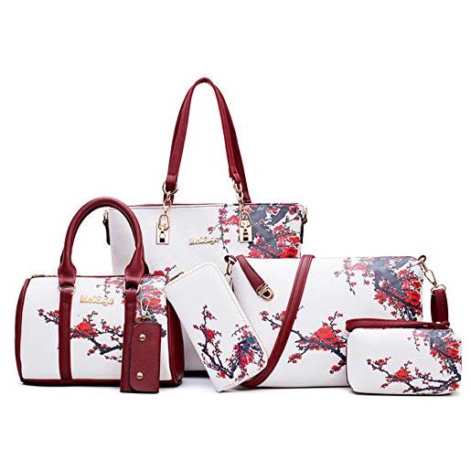 Segater set di 6 borsetta da donna in pelle sintetica, elegante borsa a tracolla e pochette, bianco (bianco), taglia unica